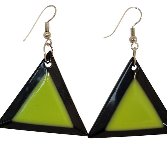 Green Triangle Earrings Lightweight Plastic Dangle 1.9" Y2K Festival 80's Retro - Picture 1 of 7